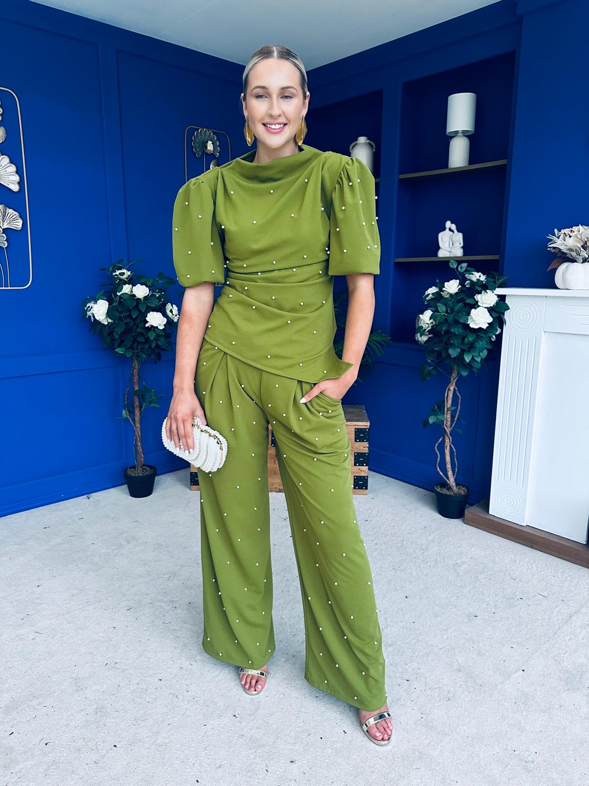 Cliona Pearl Detail Top And Trouser Set Olive