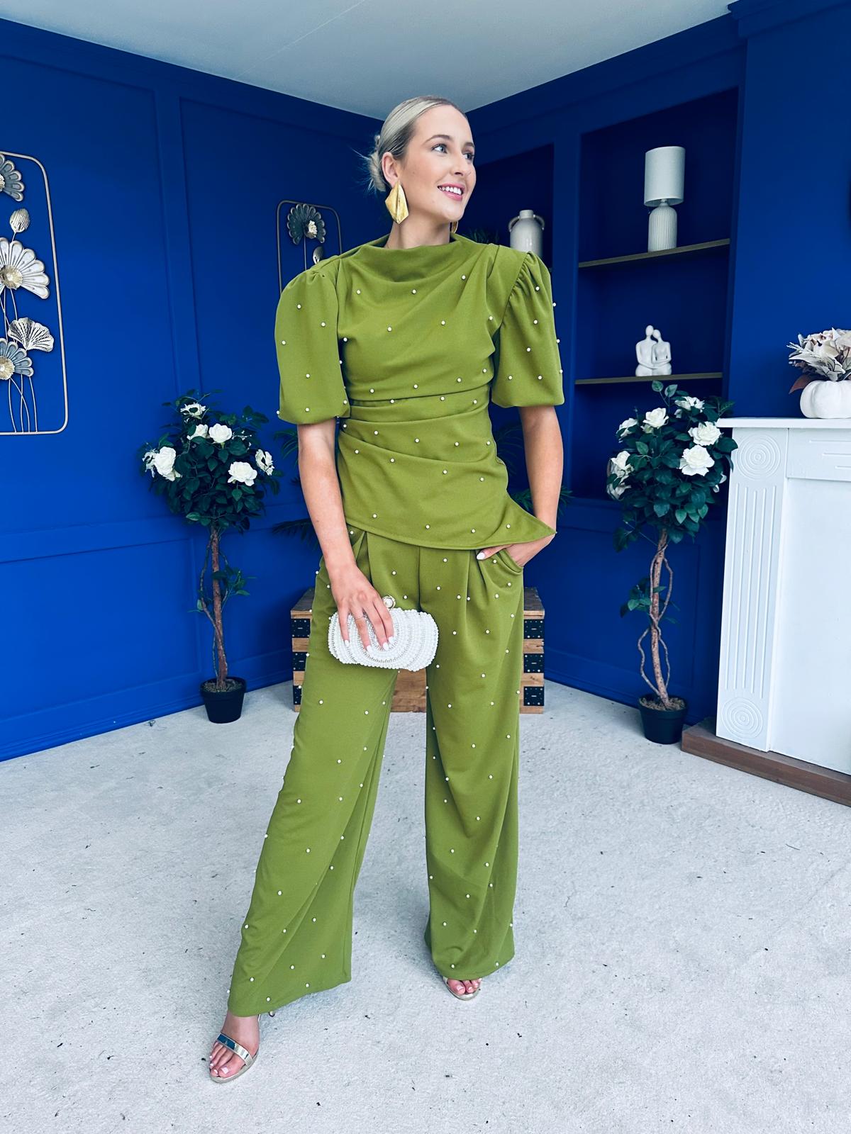 Cliona Pearl Detail Top And Trouser Set Olive