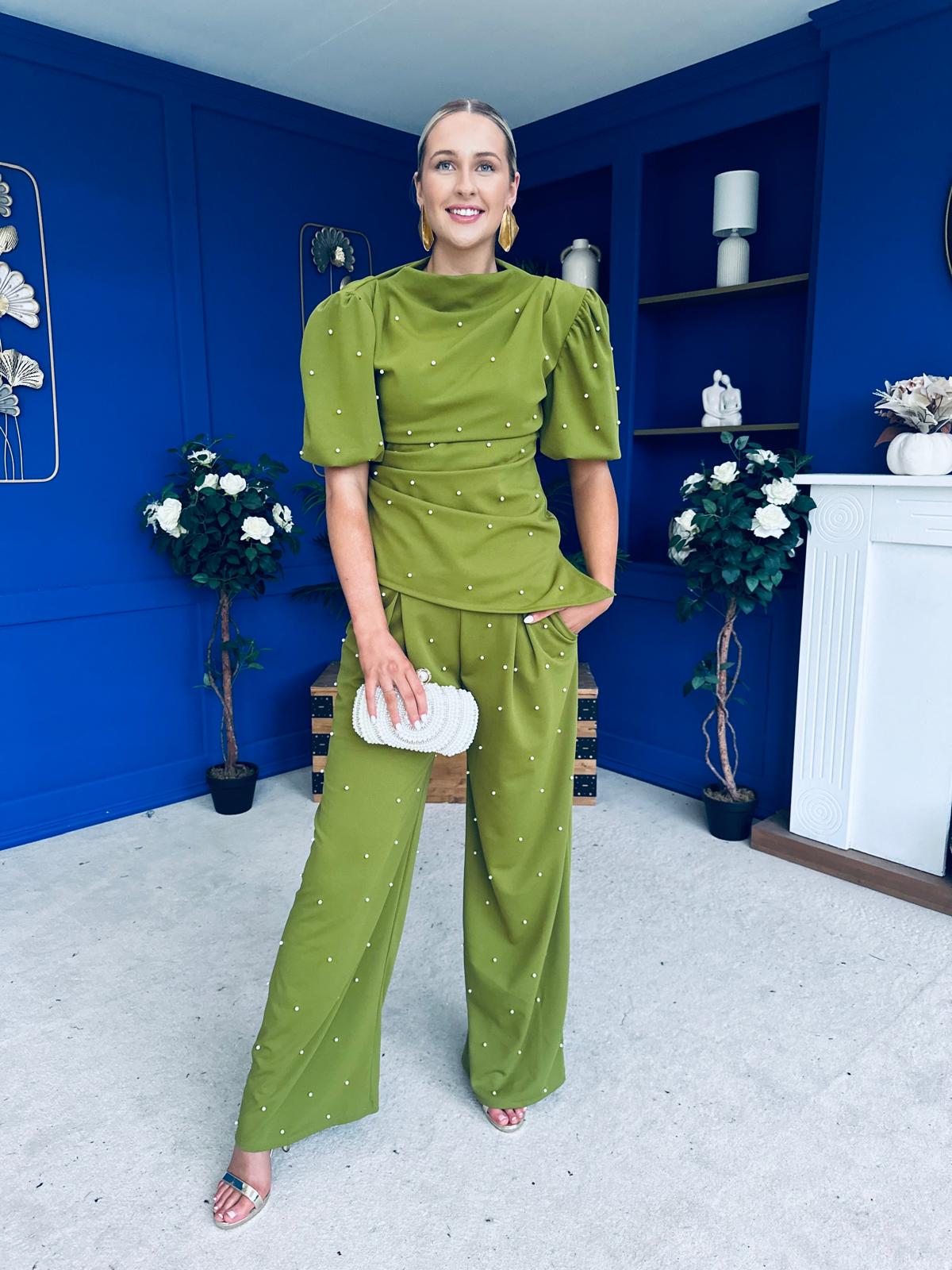 Cliona Pearl Detail Top And Trouser Set Olive