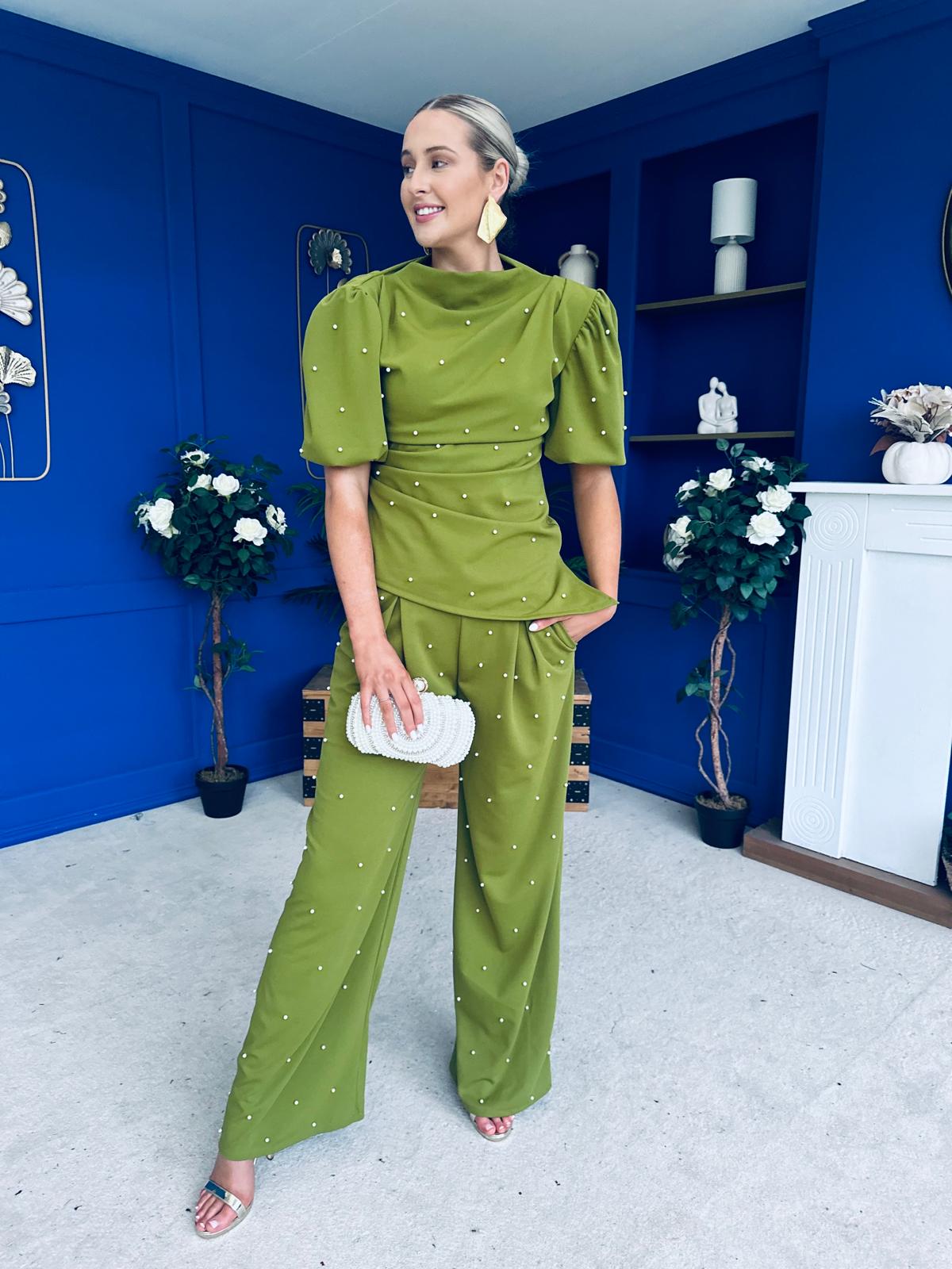 Cliona Pearl Detail Top And Trouser Set Olive