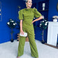 Cliona Pearl Detail Top And Trouser Set Olive