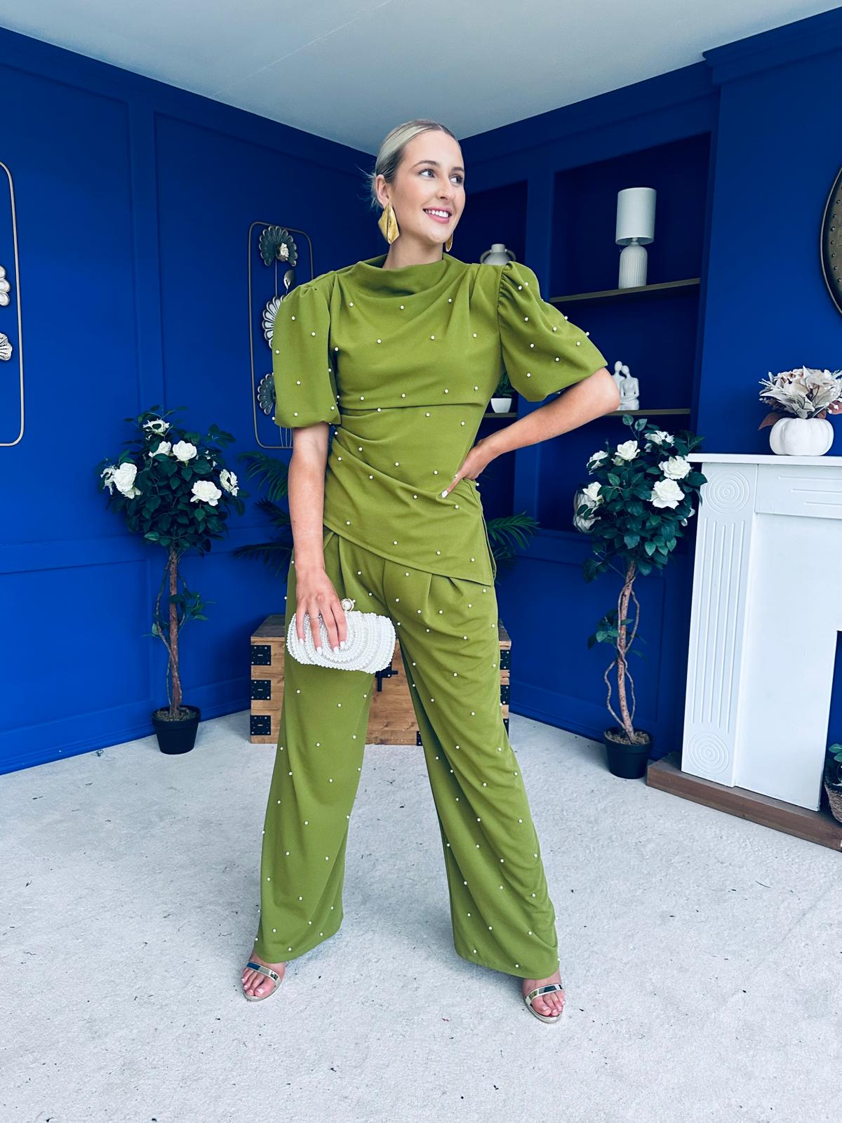 Cliona Pearl Detail Top And Trouser Set Olive