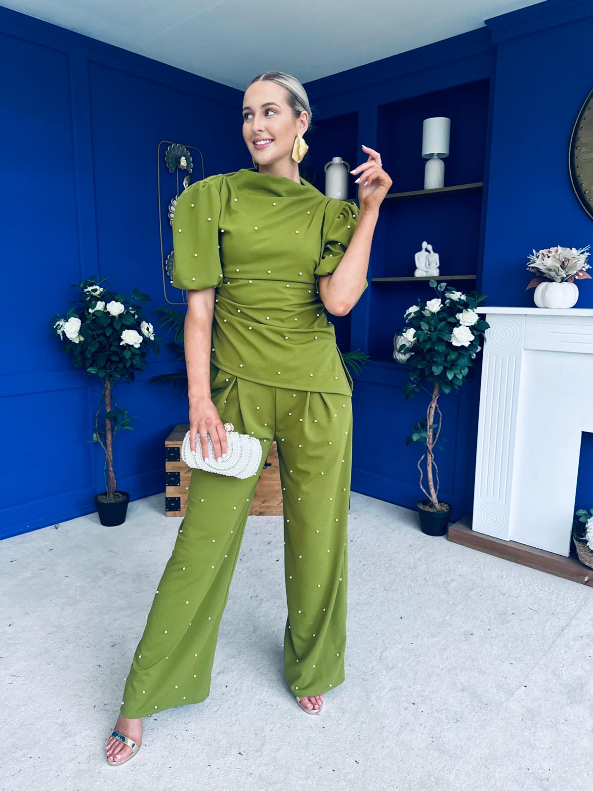 Cliona Pearl Detail Top And Trouser Set Olive