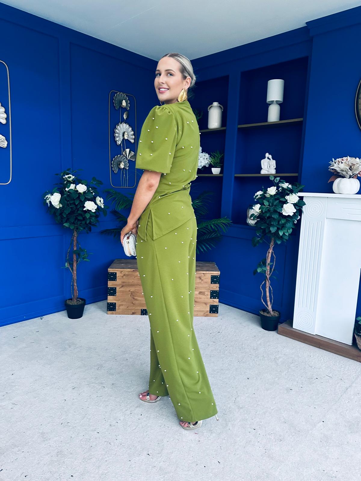 Cliona Pearl Detail Top And Trouser Set Olive
