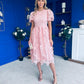 Marguerite Round Neck Puff Sleeve Midi Dress Pink Lace