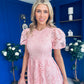 Marguerite Round Neck Puff Sleeve Midi Dress Pink Lace