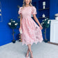 Marguerite Round Neck Puff Sleeve Midi Dress Pink Lace