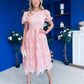 Marguerite Round Neck Puff Sleeve Midi Dress Pink Lace