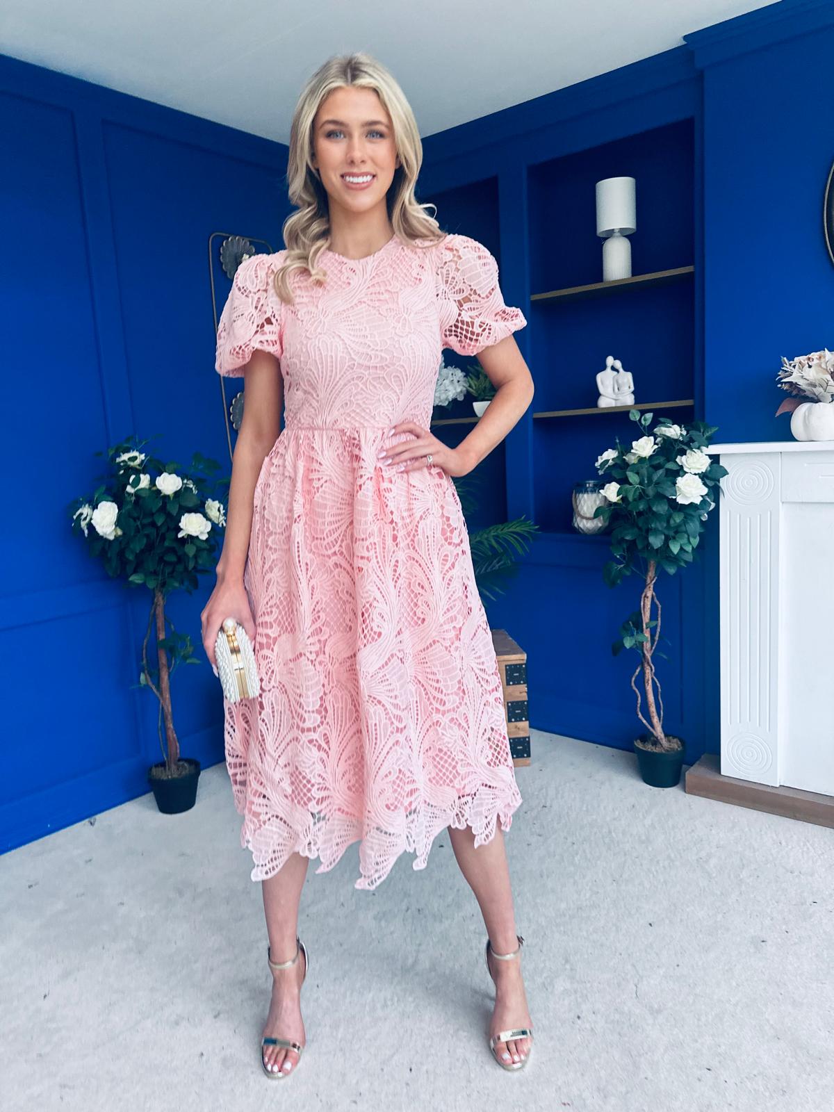 Marguerite Round Neck Puff Sleeve Midi Dress Pink Lace