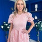 Marguerite Round Neck Puff Sleeve Midi Dress Pink Lace