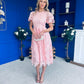 Marguerite Round Neck Puff Sleeve Midi Dress Pink Lace