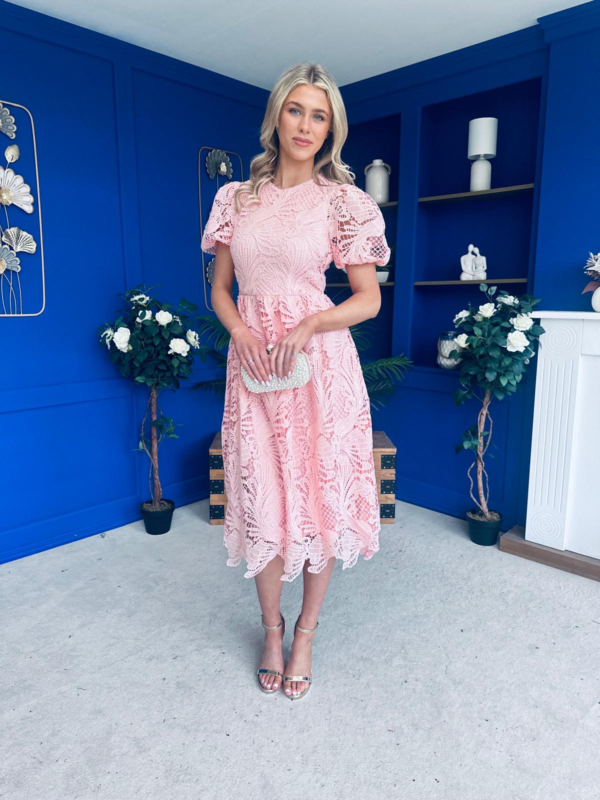 Marguerite Round Neck Puff Sleeve Midi Dress Pink Lace