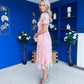 Marguerite Round Neck Puff Sleeve Midi Dress Pink Lace