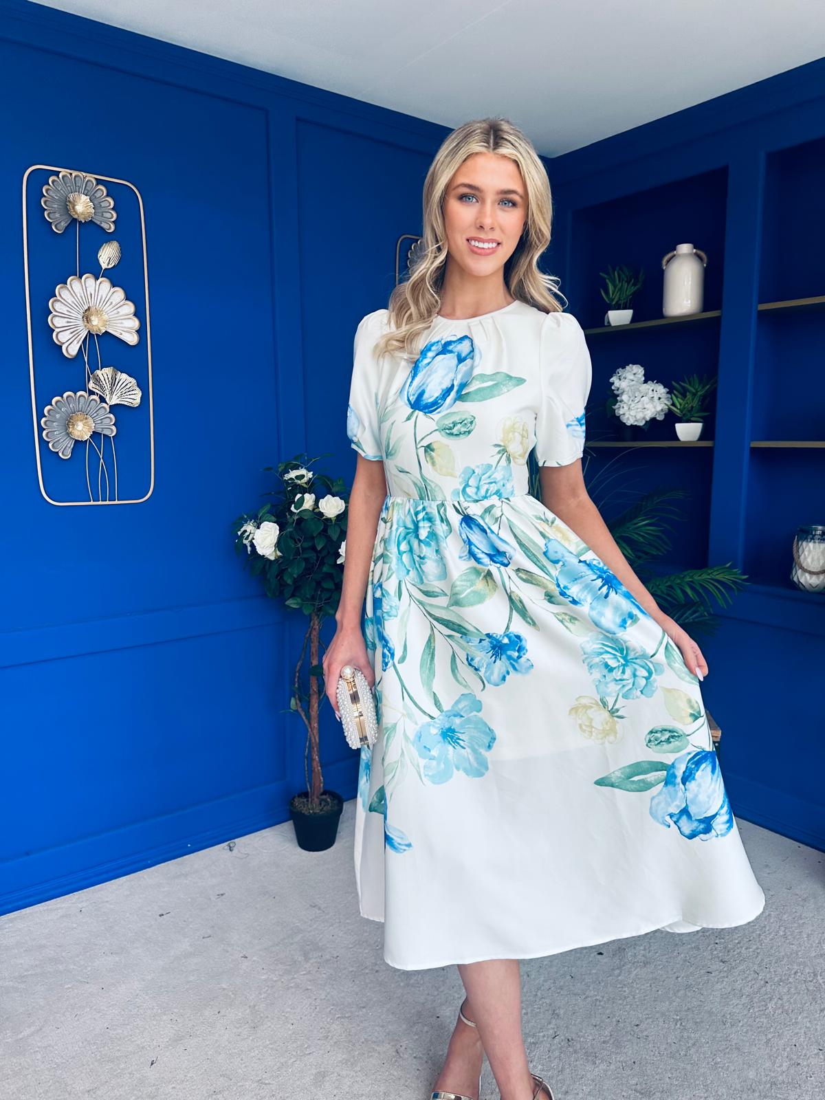 Janet Detailwd Midi Dress Floral Blue