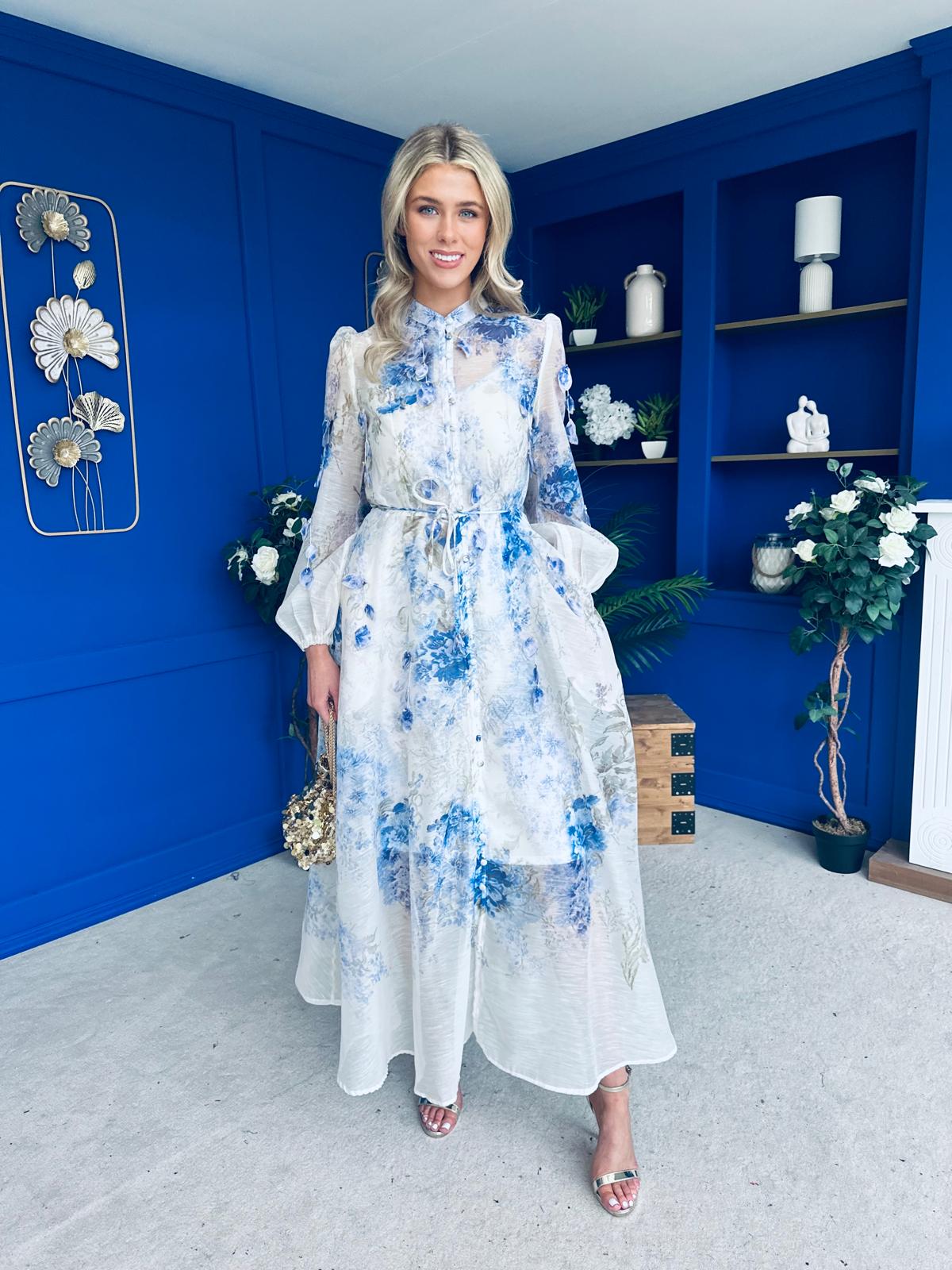 Jolie Embellished Midi Shirt Dress Floral Blue