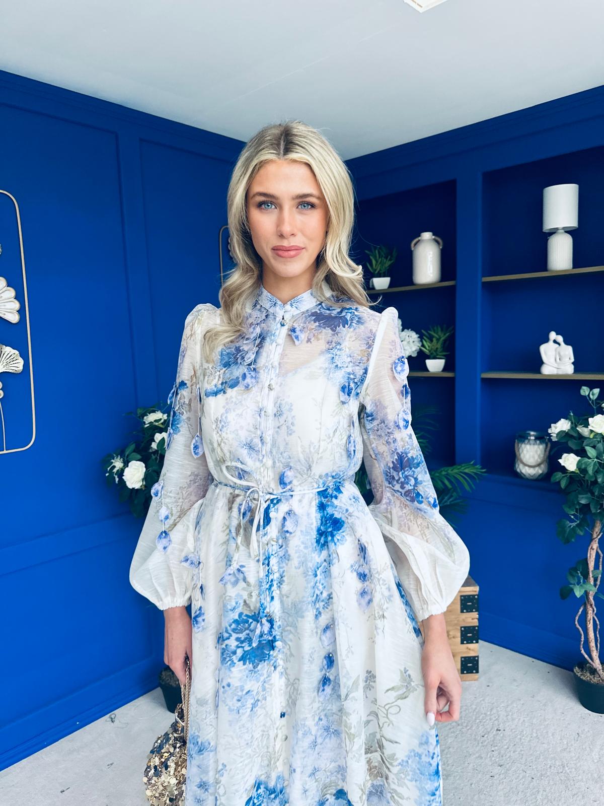 Jolie Embellished Midi Shirt Dress Floral Blue