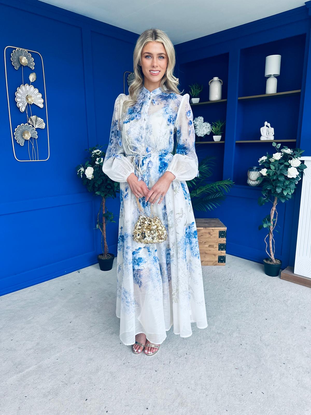 Jolie Embellished Midi Shirt Dress Floral Blue