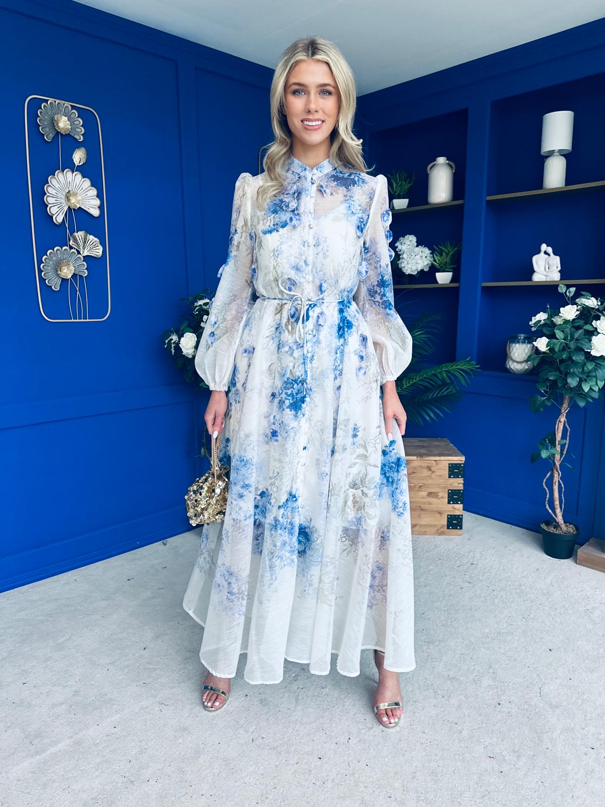 Jolie Embellished Midi Shirt Dress Floral Blue