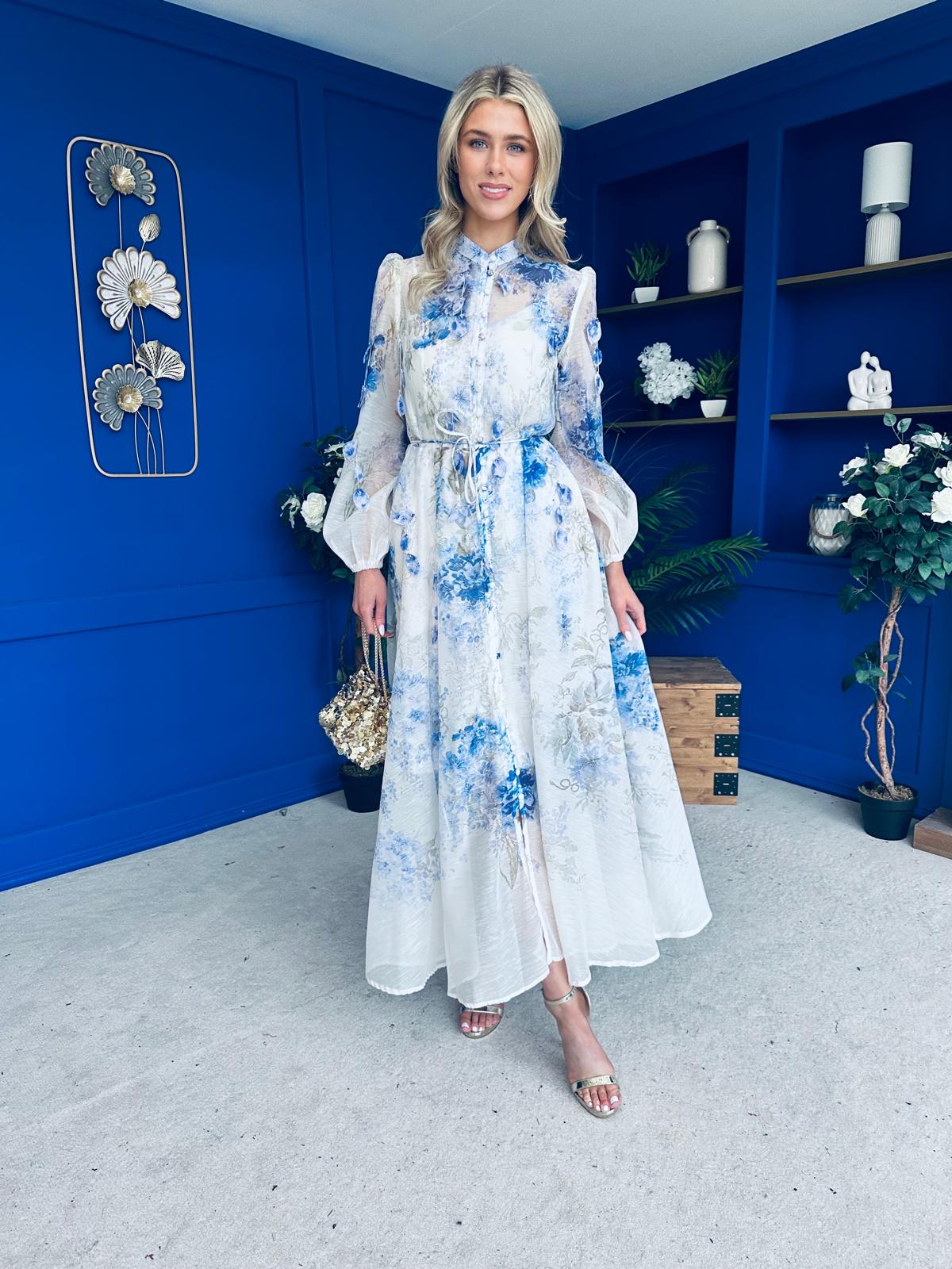 Jolie Embellished Midi Shirt Dress Floral Blue