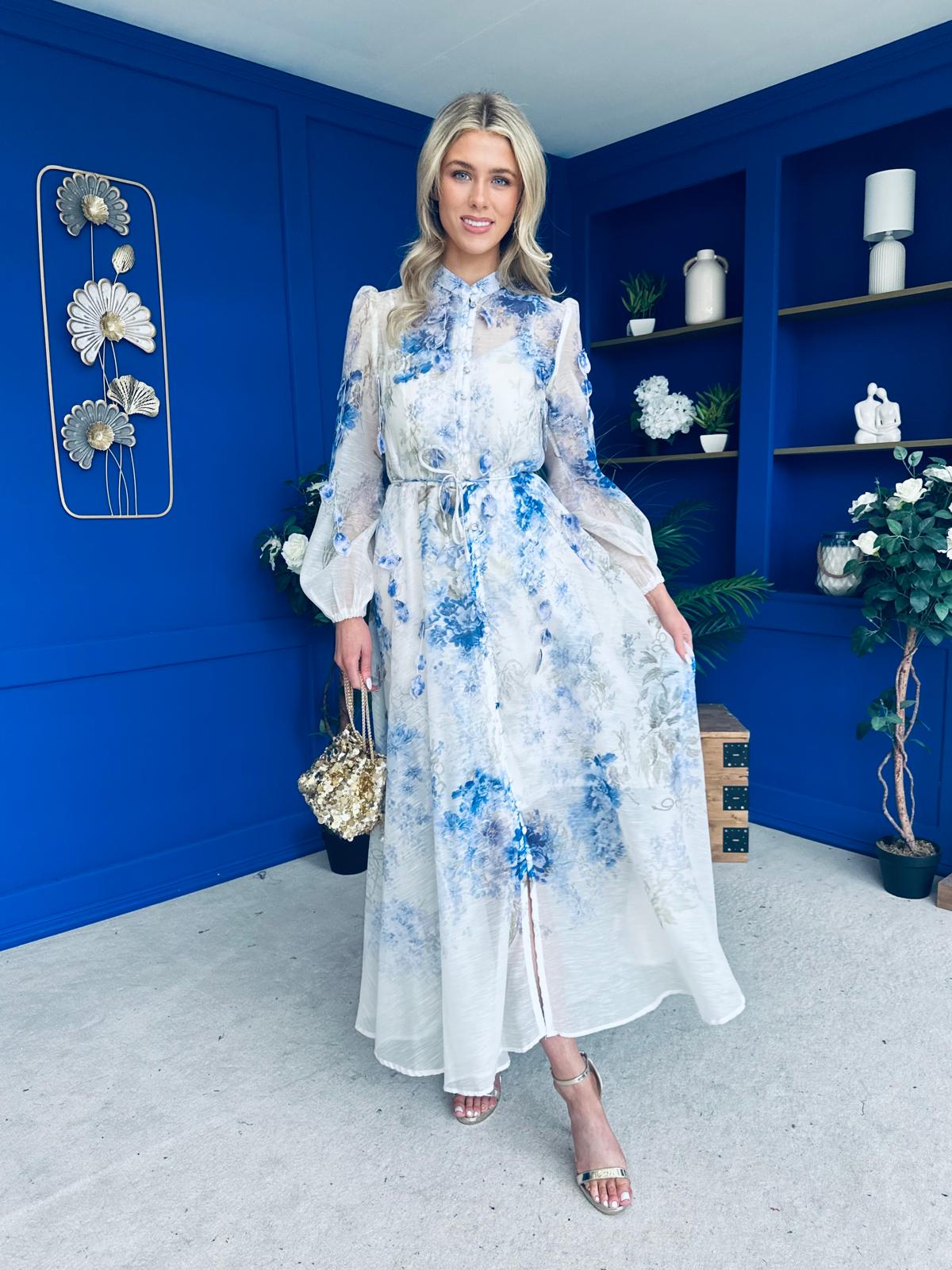 Jolie Embellished Midi Shirt Dress Floral Blue