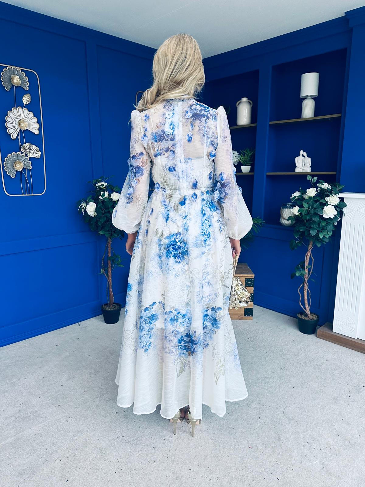 Jolie Embellished Midi Shirt Dress Floral Blue