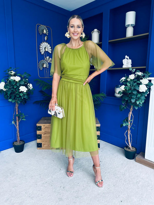 Ophelia Detailed Occasion Tulle Dress Olive