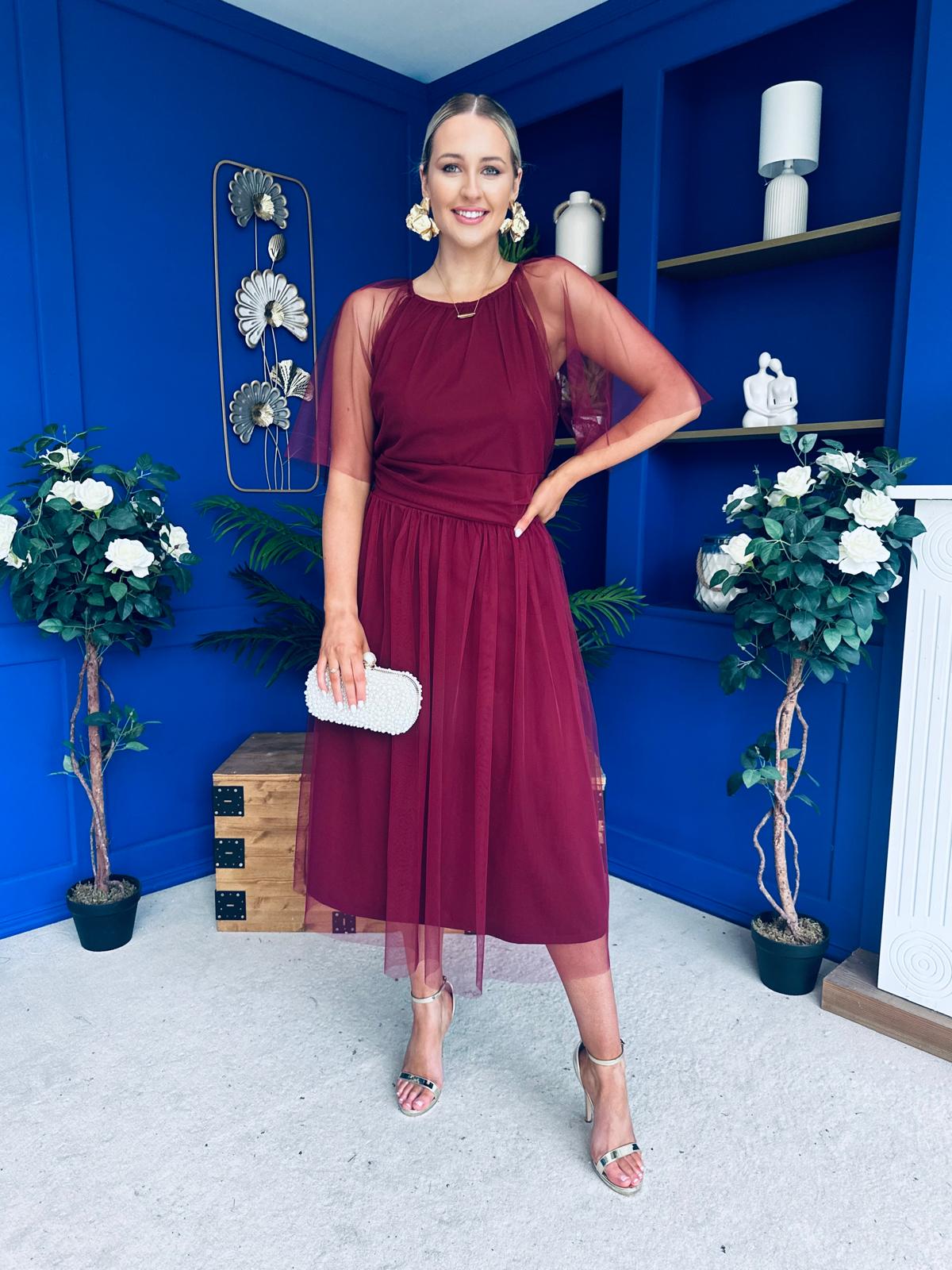 Ophelia Detailed Occasion Tulle Dress Wine