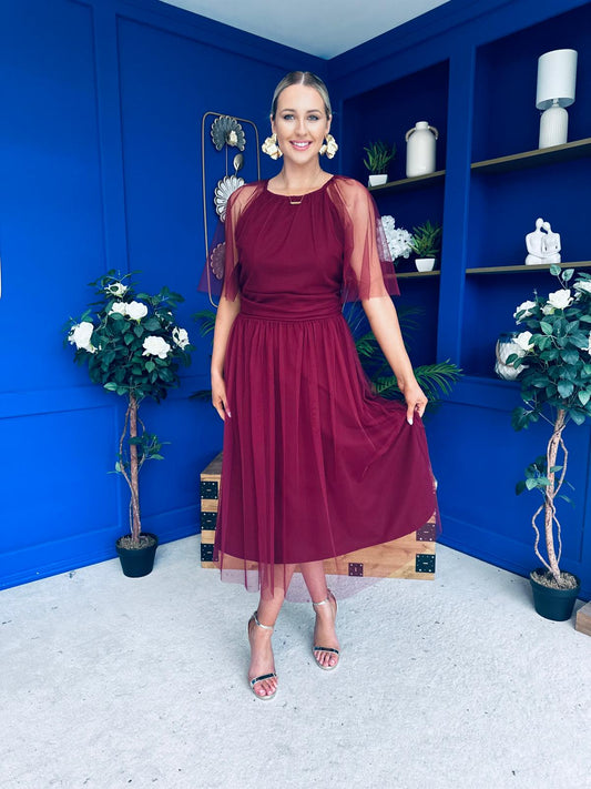 Ophelia Detailed Occasion Tulle Dress Wine