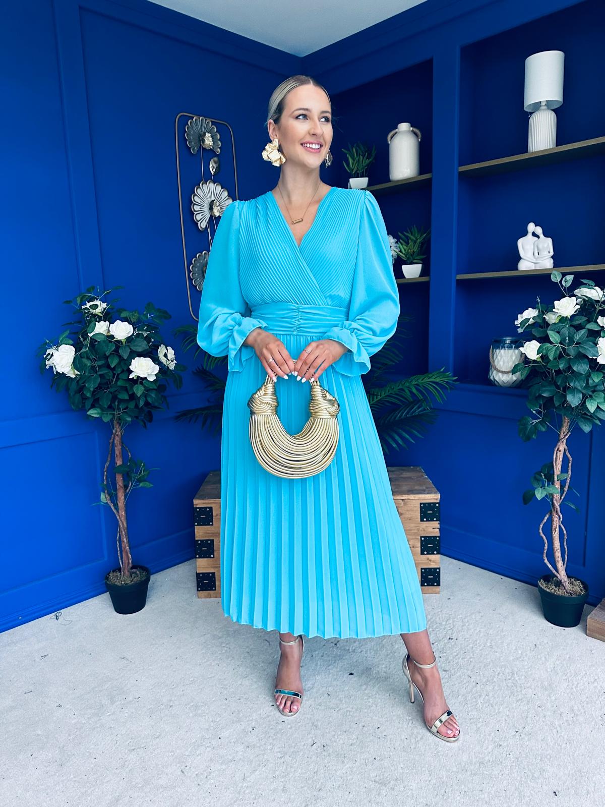 Clodagh Pleat Detailed Midi Dress Cyan Blue