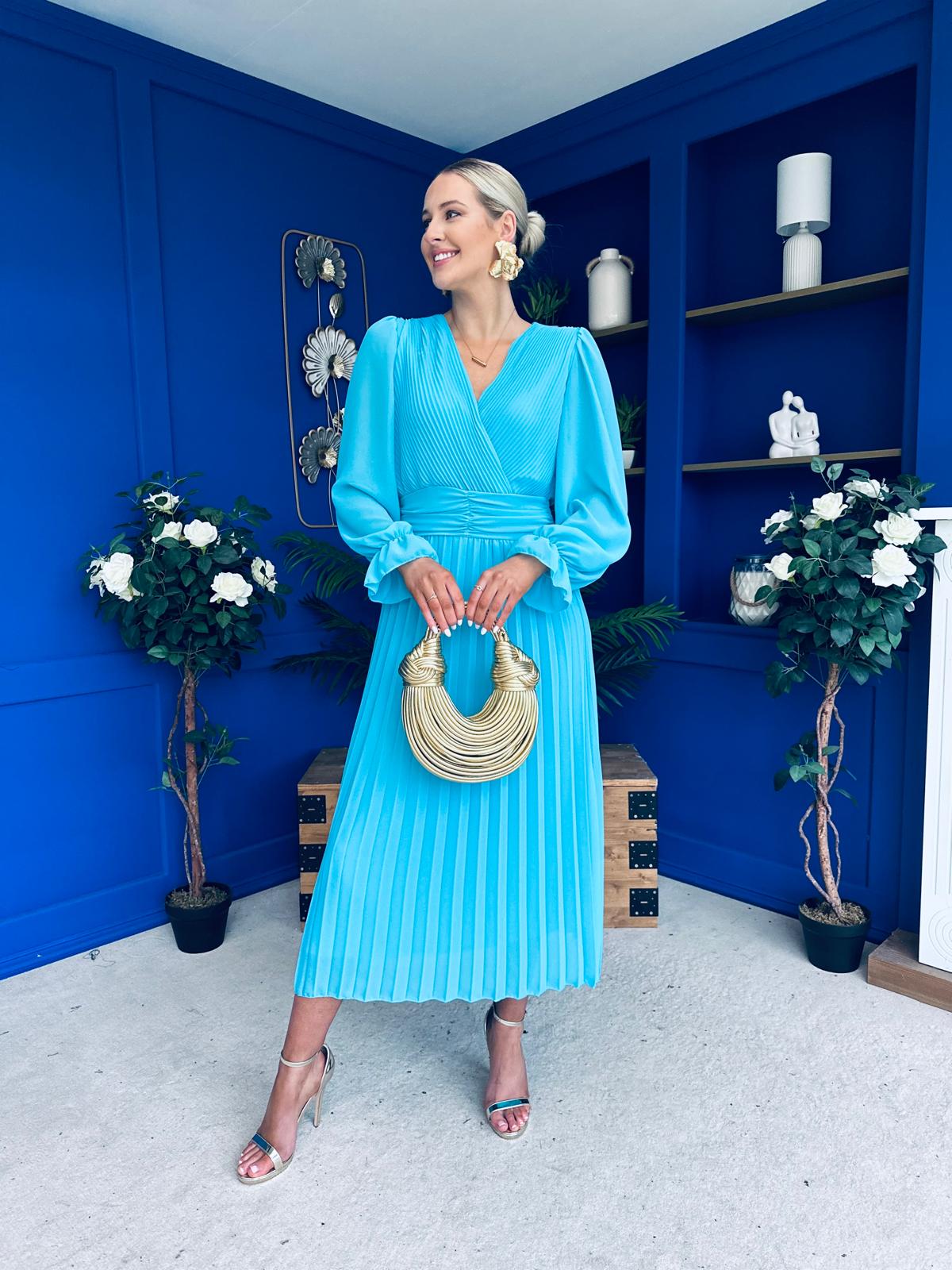 Clodagh Pleat Detailed Midi Dress Cyan Blue