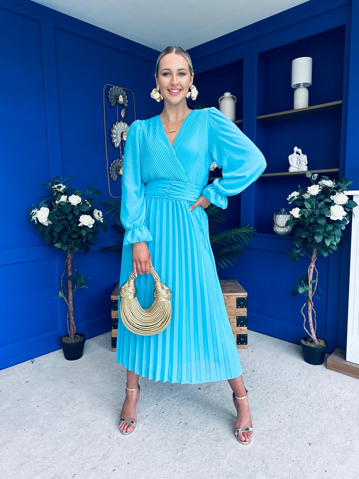 Clodagh Pleat Detailed Midi Dress Cyan Blue