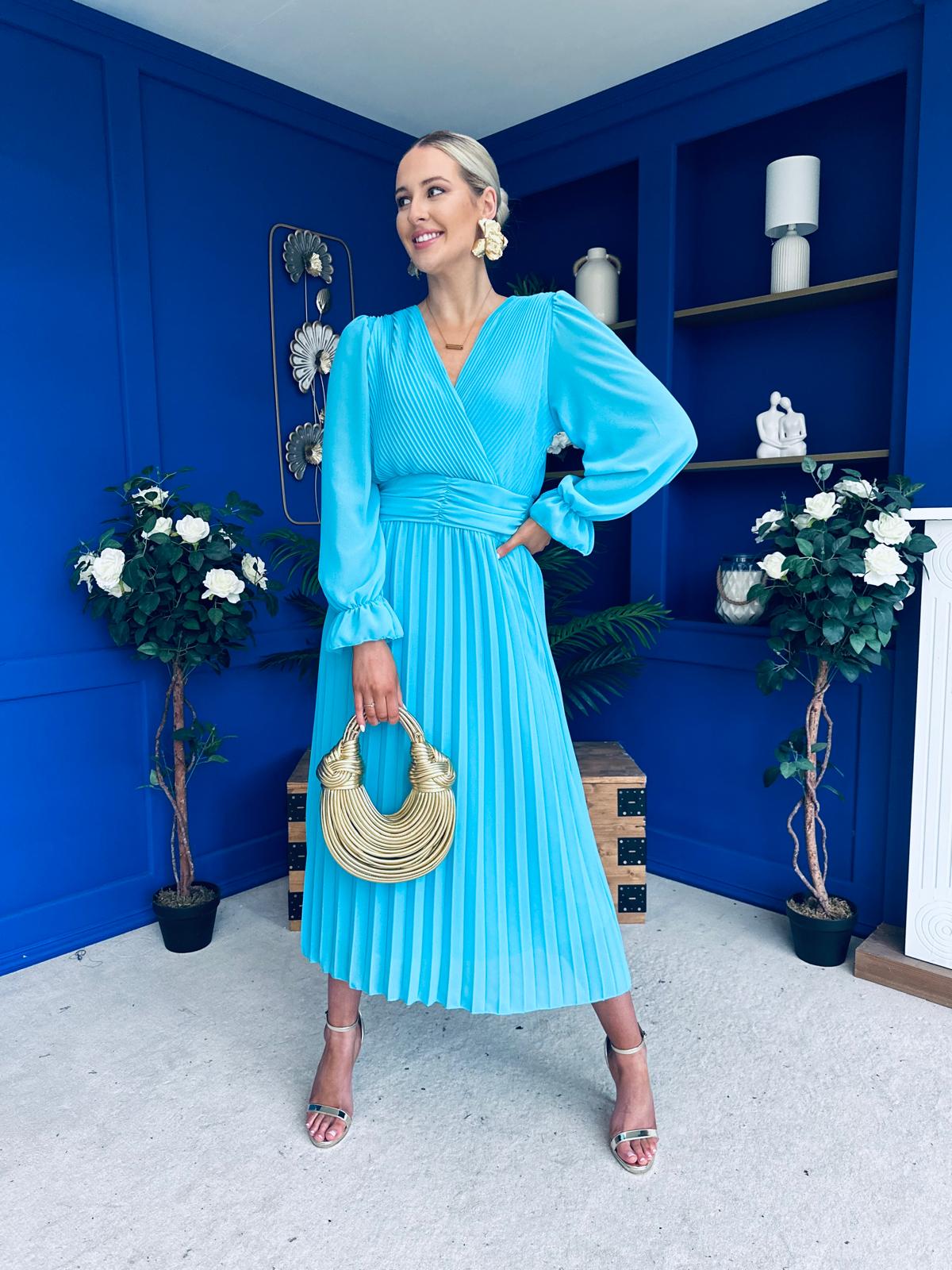 Clodagh Pleat Detailed Midi Dress Cyan Blue