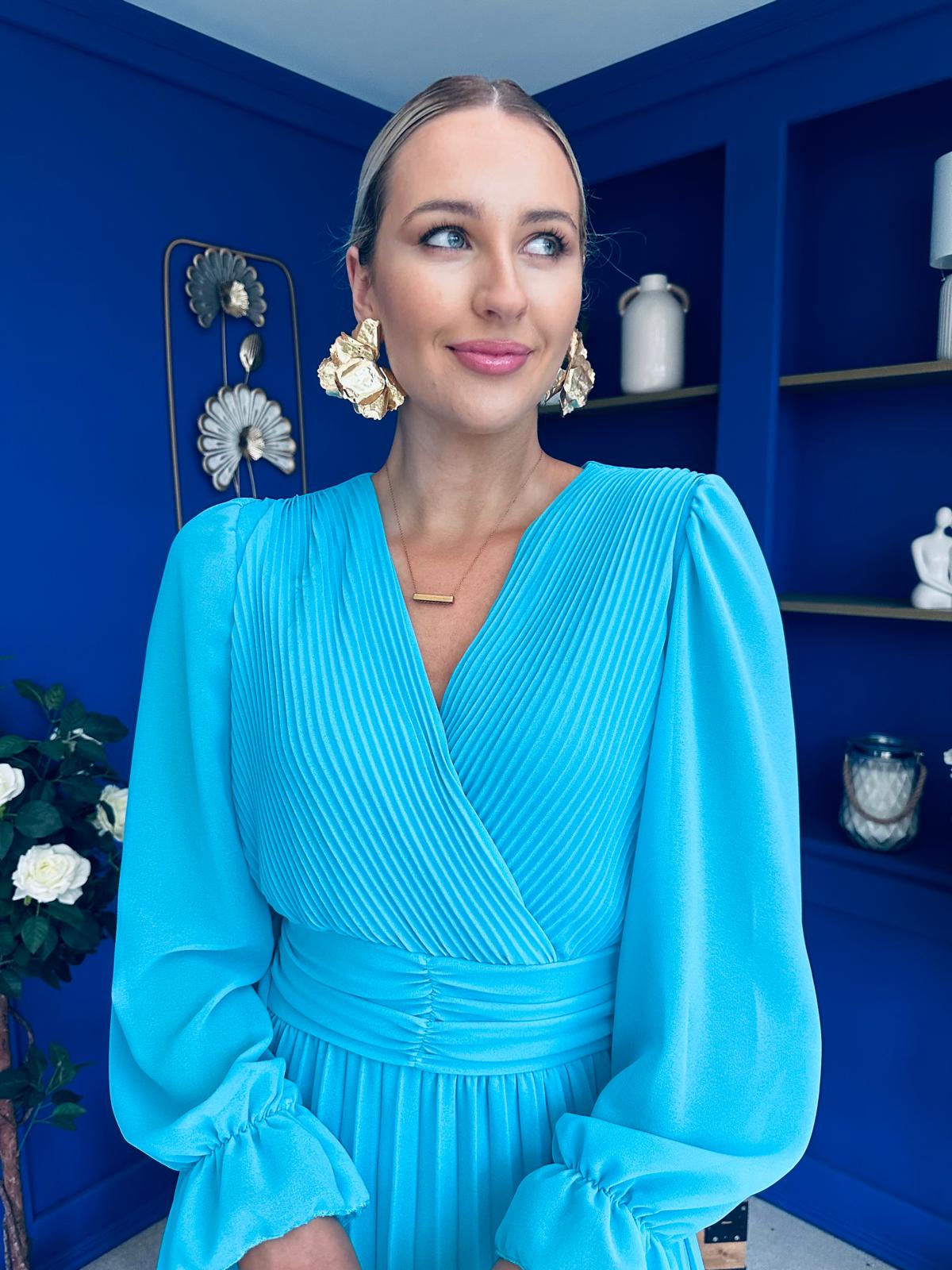 Clodagh Pleat Detailed Midi Dress Cyan Blue