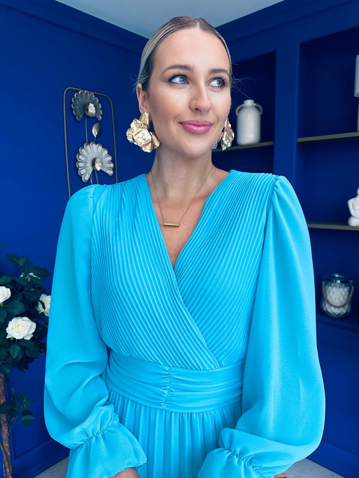 Clodagh Pleat Detailed Midi Dress Cyan Blue