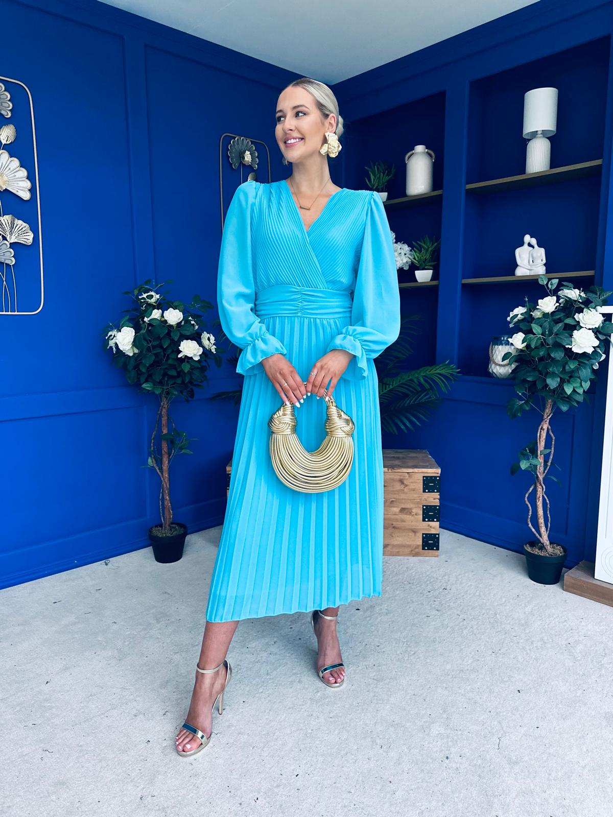 Clodagh Pleat Detailed Midi Dress Cyan Blue