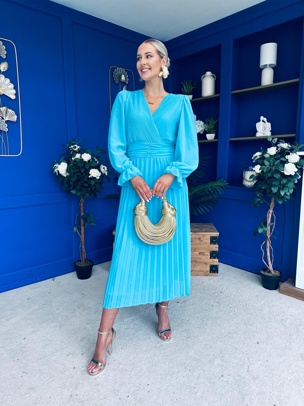 Clodagh Pleat Detailed Midi Dress Cyan Blue