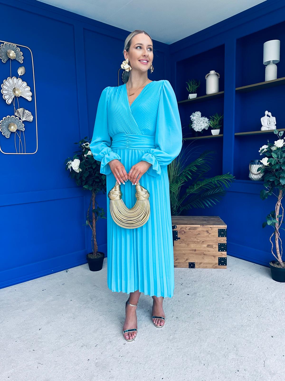 Clodagh Pleat Detailed Midi Dress Cyan Blue