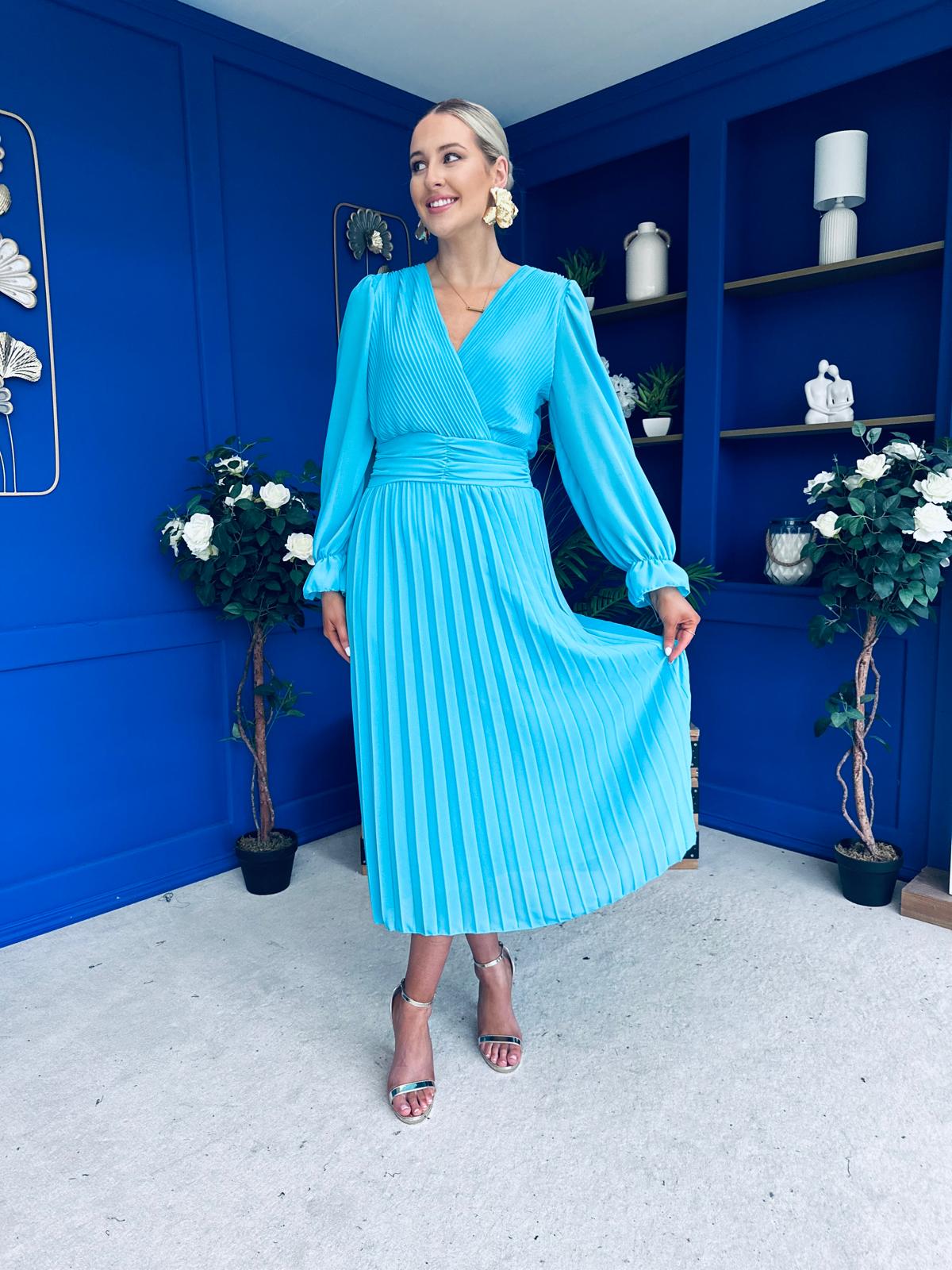 Clodagh Pleat Detailed Midi Dress Cyan Blue