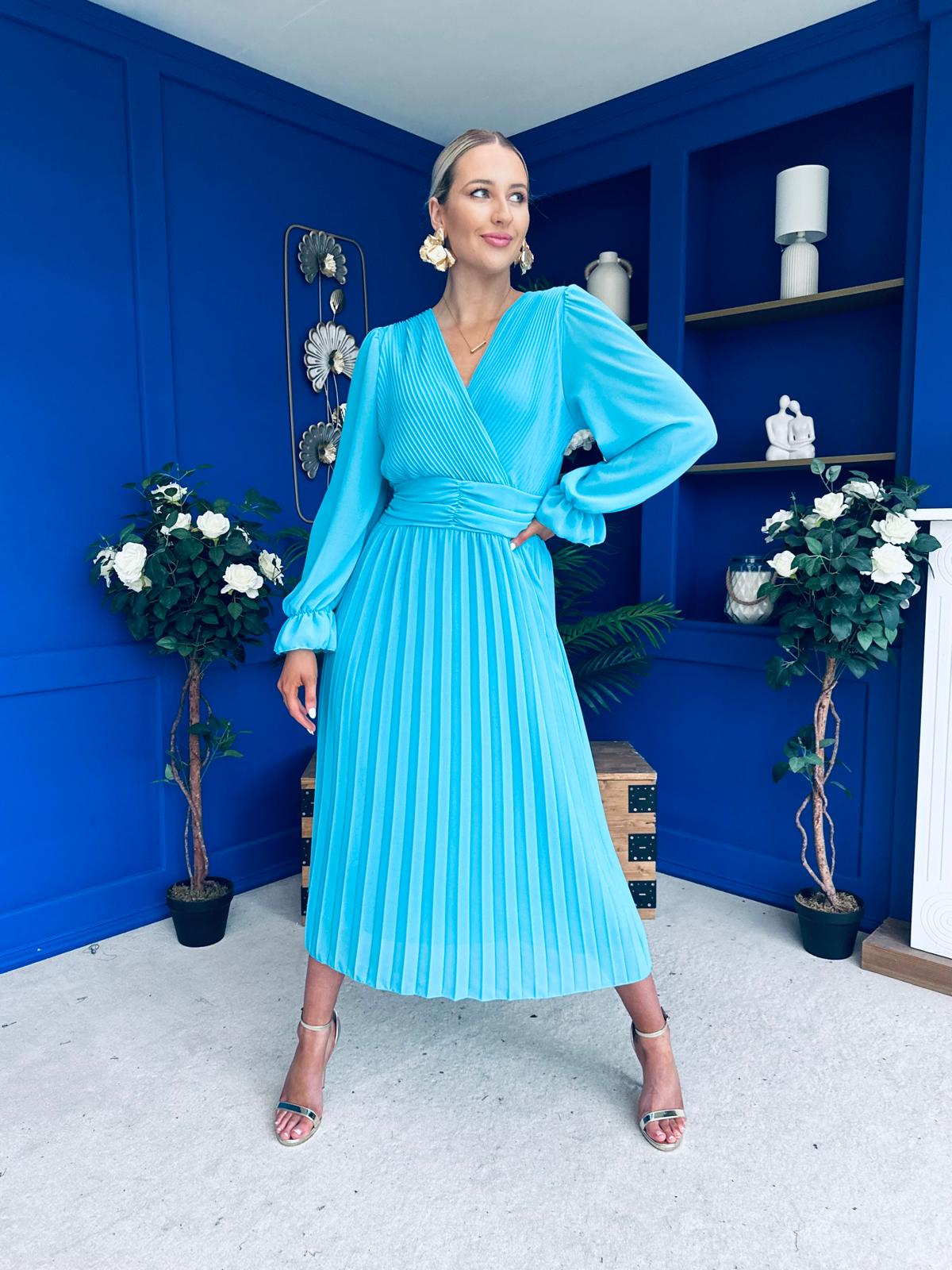 Clodagh Pleat Detailed Midi Dress Cyan Blue