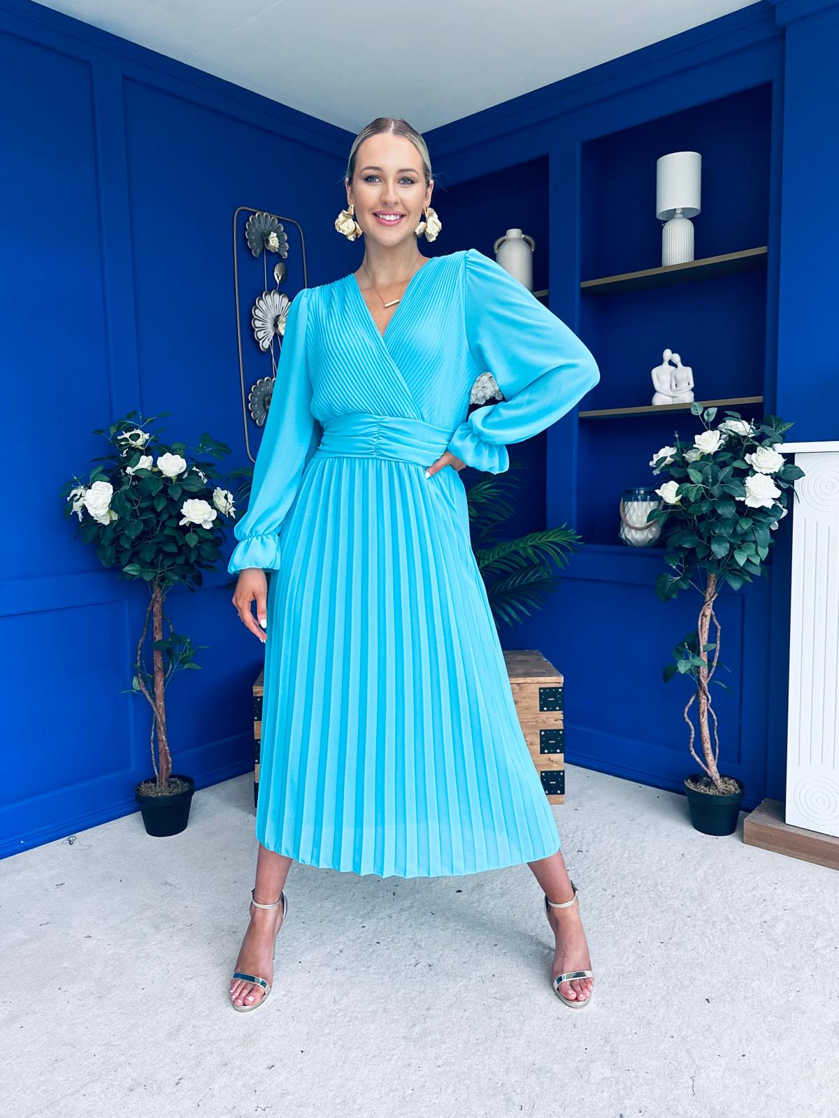 Clodagh Pleat Detailed Midi Dress Cyan Blue