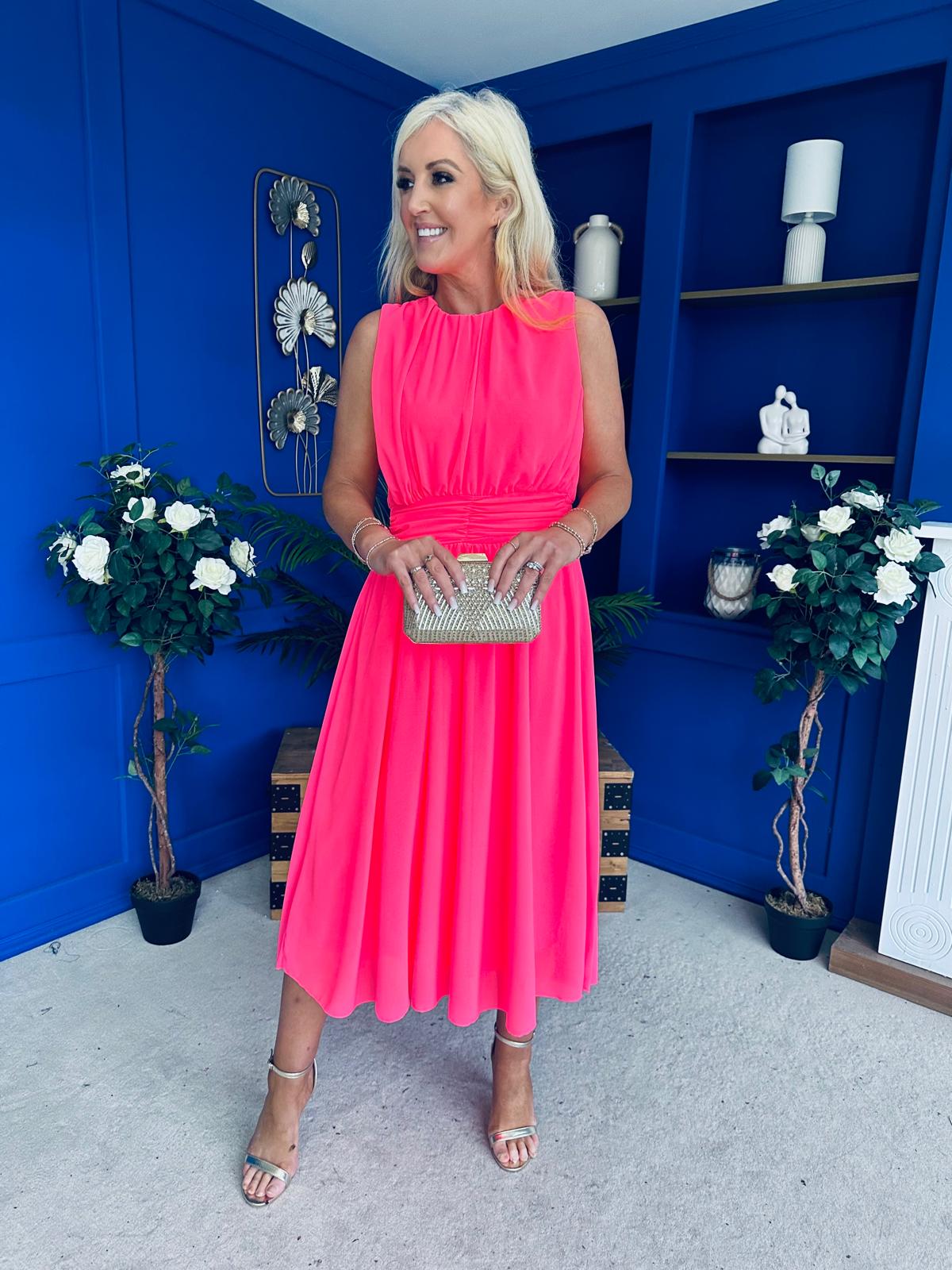 Freya Gathered Detail Midi Dress Neon Pink