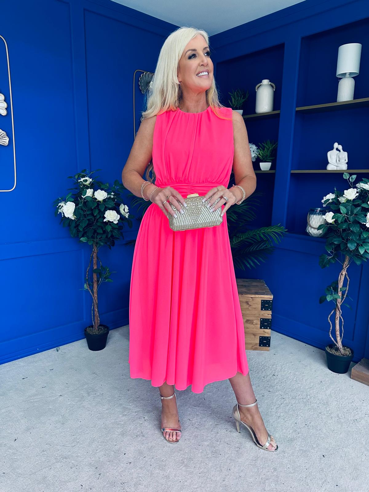 Freya Gathered Detail Midi Dress Neon Pink