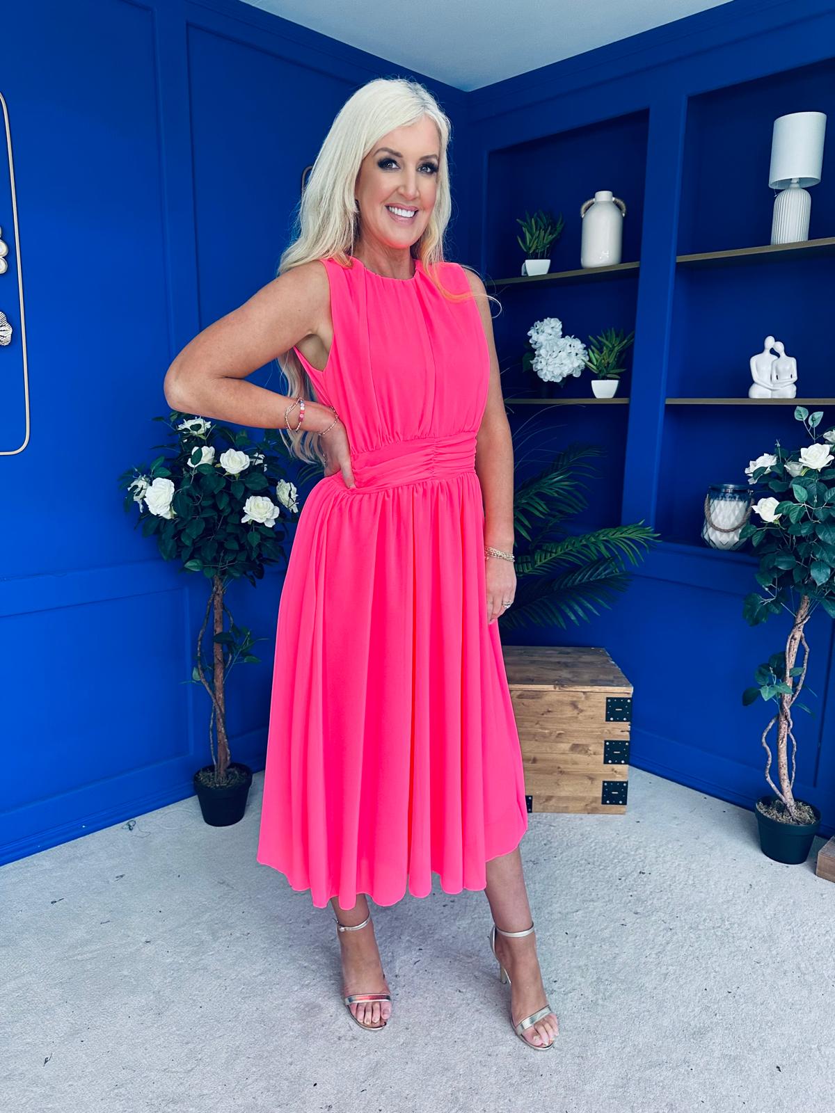 Freya Gathered Detail Midi Dress Neon Pink