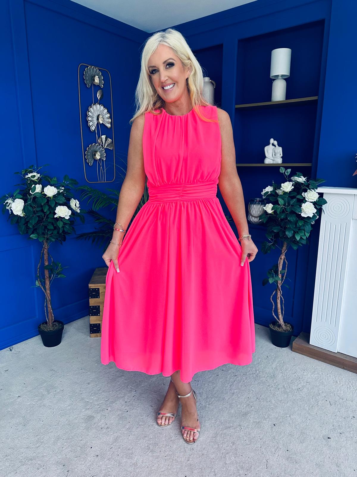 Freya Gathered Detail Midi Dress Neon Pink