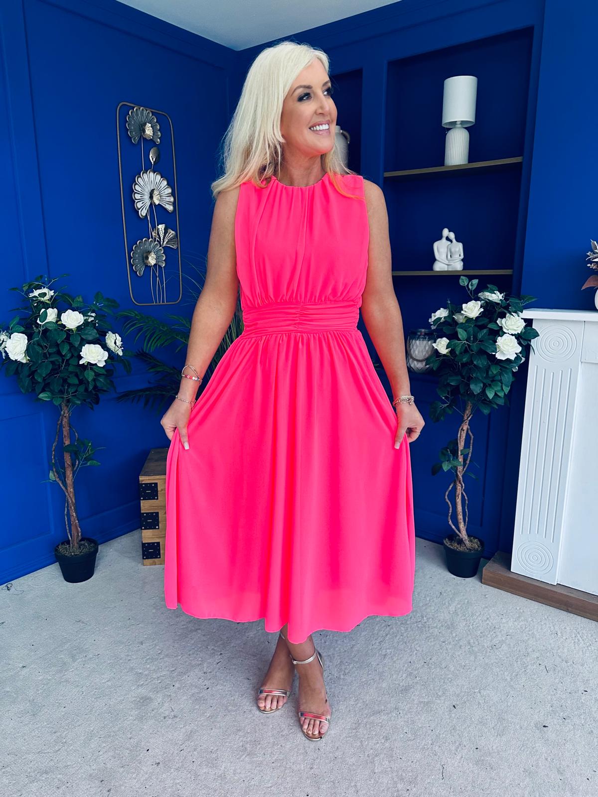 Freya Gathered Detail Midi Dress Neon Pink
