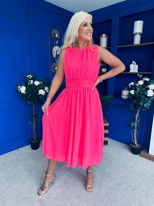Freya Gathered Detail Midi Dress Neon Pink