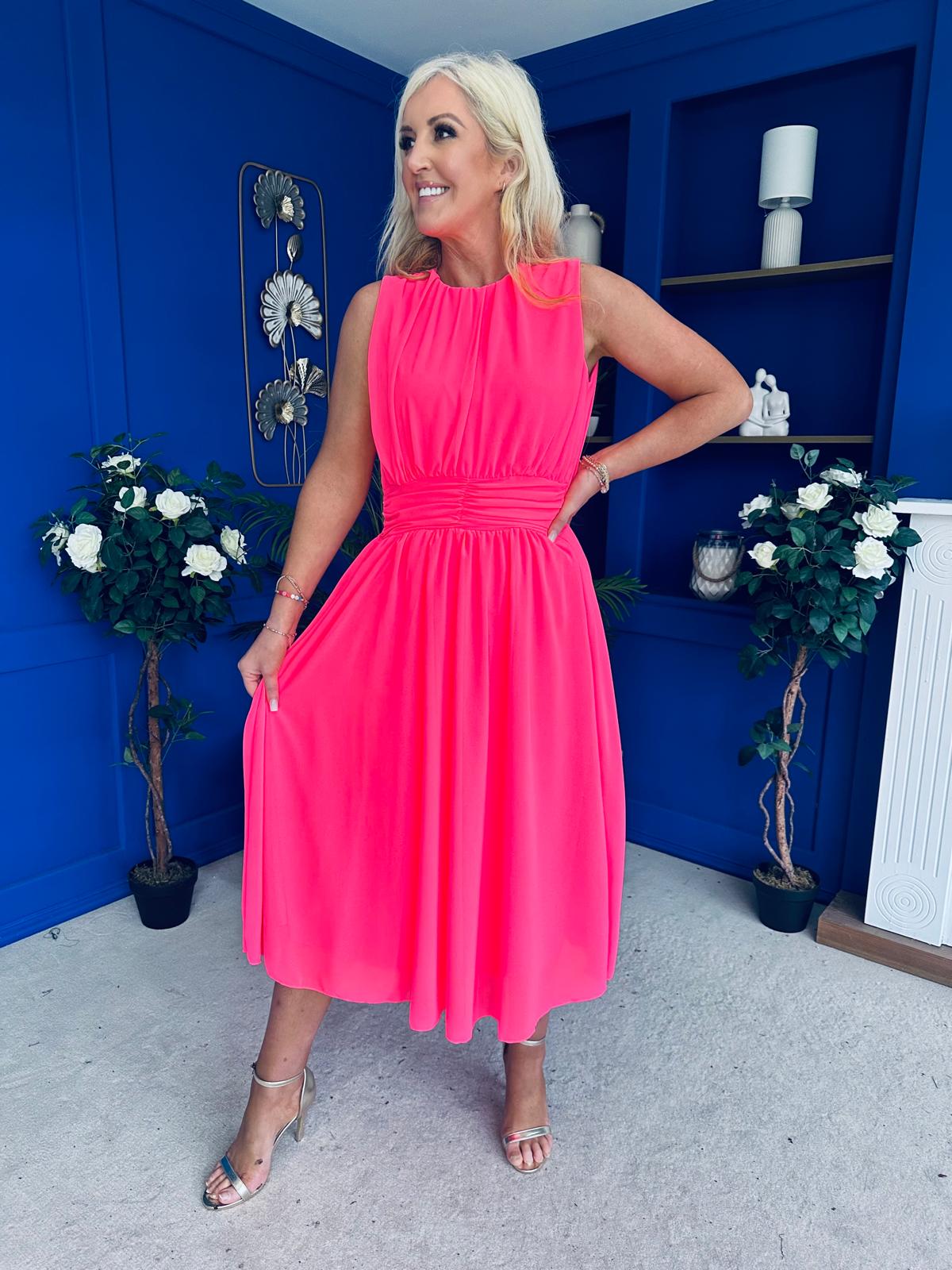 Freya Gathered Detail Midi Dress Neon Pink