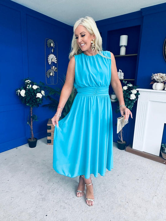 Freya Gathered Detail Midi Dress Cyan Blue