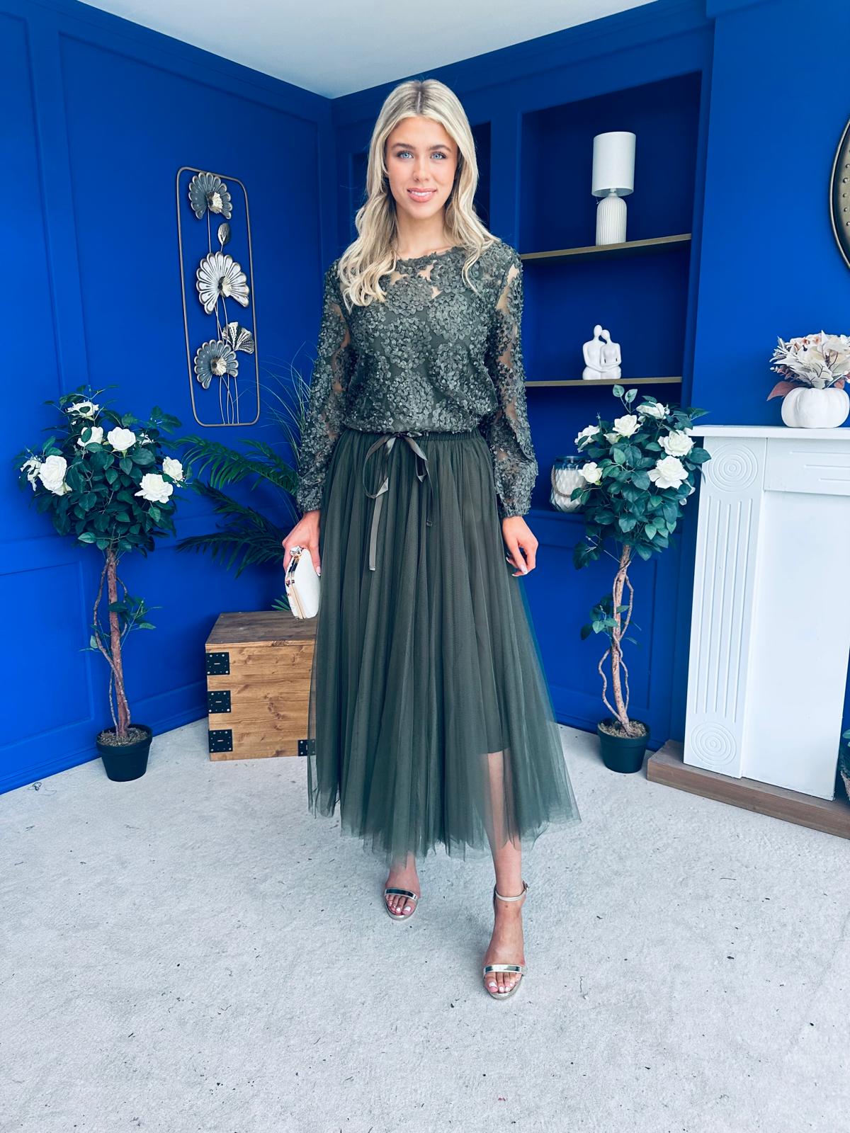 Celine Detailed Tulle Skirt Khaki