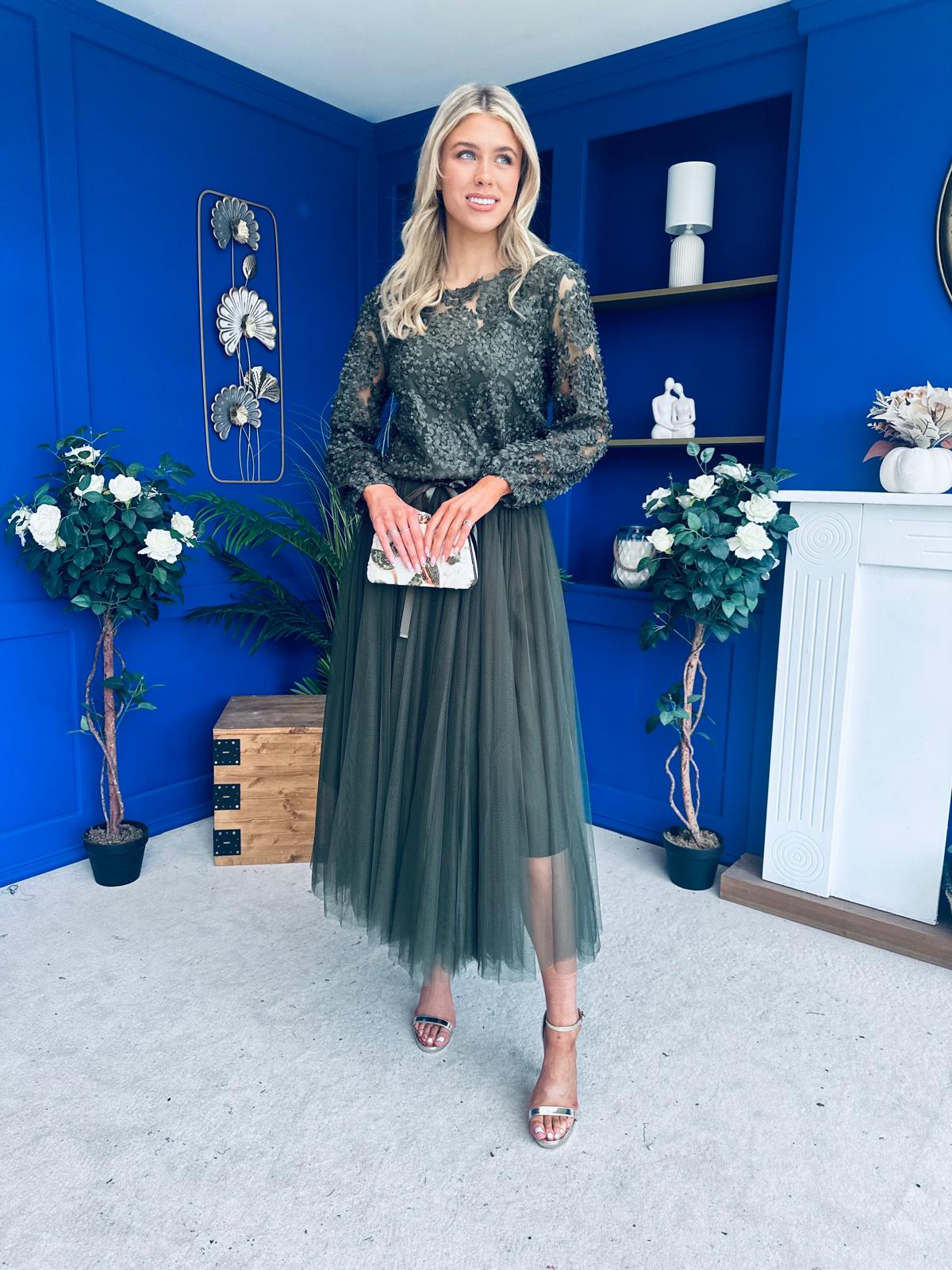 Celine Detailed Tulle Skirt Khaki